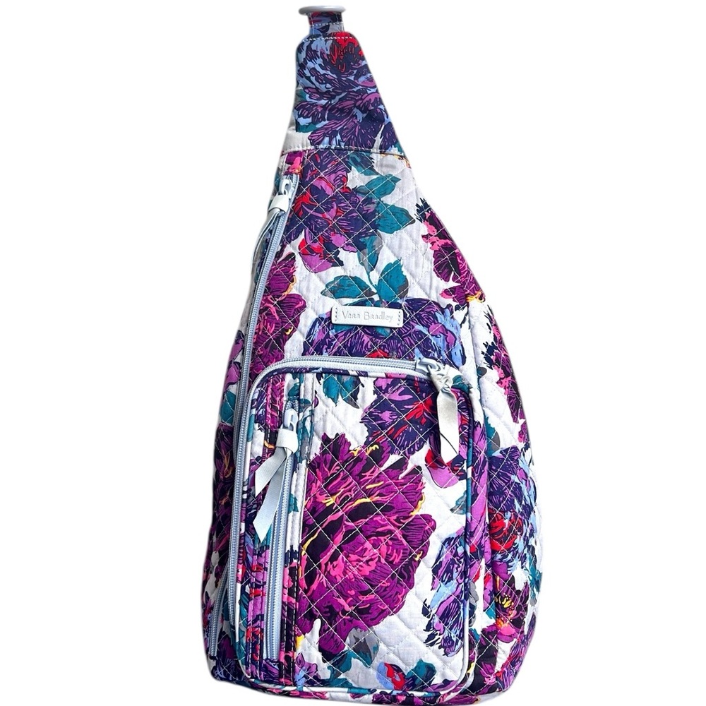Vera Bradley Sling Backpack Lavender & Red Flowers Outside Zipper Wallet Pocket